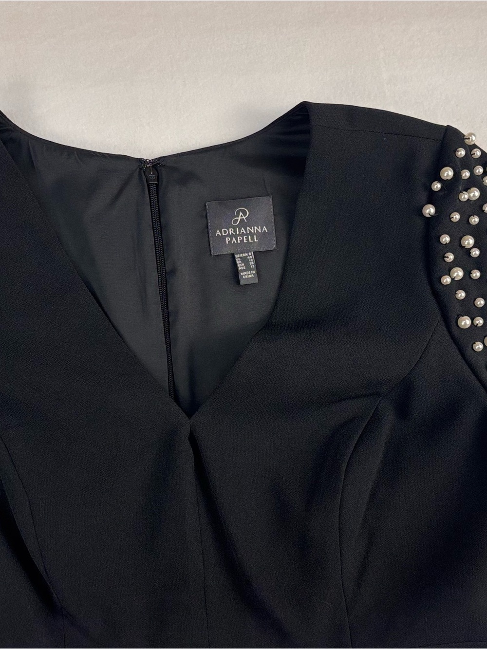 Adrianna Papell Black Midi Dress with Pearl-Studded Short Sleeves